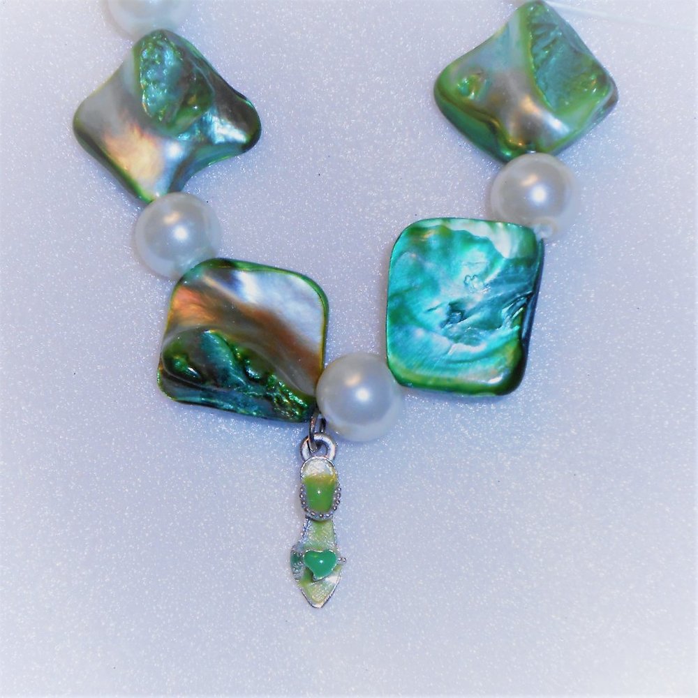 Green Sandal Charm on Beaded Bracelet w/ Pearls